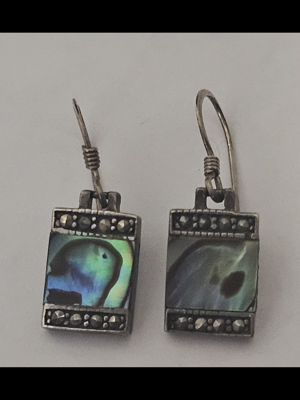 Silver Abalone Shell Drop Earrings - Iridescent Green-Blue